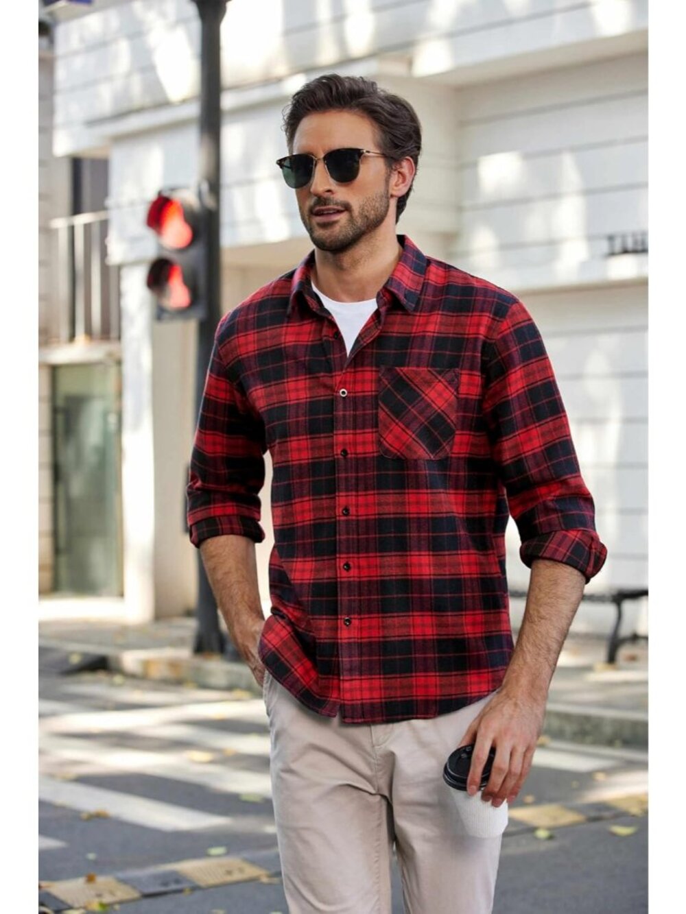 Men's Red Black Polyester Blend Long Sleeve Casual Flannel Button Down Shirt - Picture 2 of 5